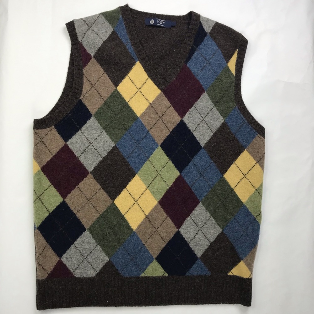 Men’s J CREW Argyle Sweater Vest 100% Lambs Wool L